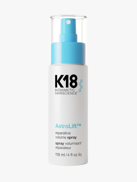 K18 Biomimetic Hairscience AstroLift Reparative Volume Spray in branded component on a light gray background